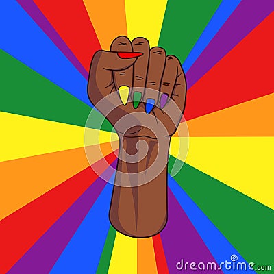 Black skinned female pride fist with lgbt rainbow colored finger nails and rainbow rays in background. Sign for gender equality Vector Illustration